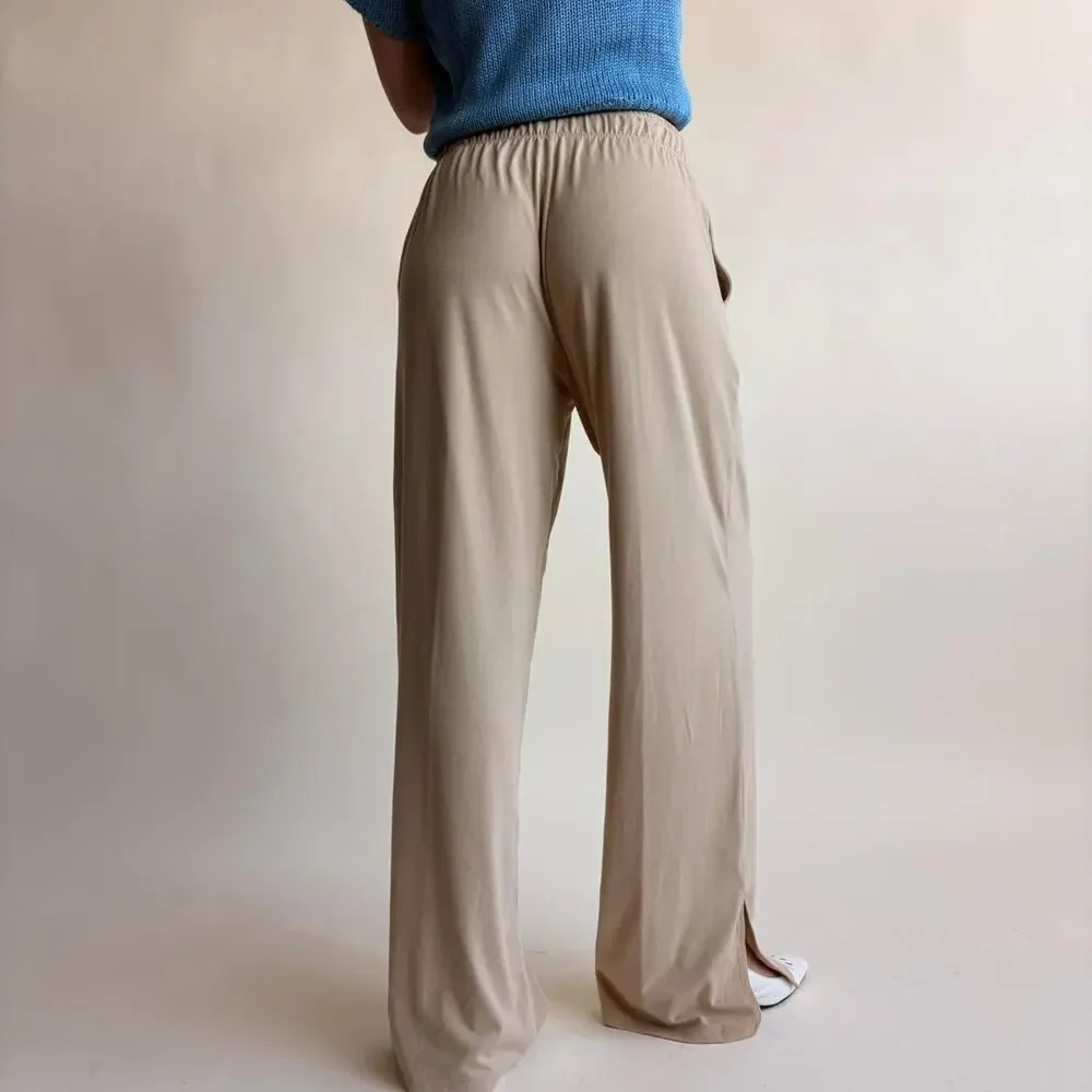 Tan Wide Leg Lounge Pants - Drawstring Waist, Ankle Slits, Size XS - Picture 3 of 6